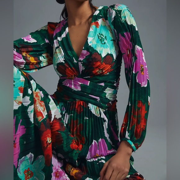 Maeve Anthropologie Pleated V-Neck Dress Floral Midi Long Sleeve 12 - Picture 2 of 10